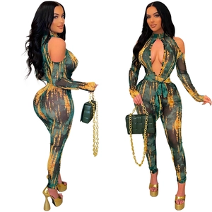 Women Sexy Mesh Tie Dye Cutout Cold Shoulder Jumpsuit Nightclub Party Long Sleeve High Neck Slim Fit Bodycon Romper
