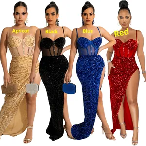 Detail of sequin evening dresses showing waist mesh and high slit in four colors