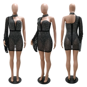 Detailed views of a black mesh mini dress with rhinestones and asymmetrical single sleeve