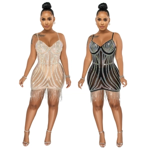 Sexy Vestito a Camisole con Strass e Frange da Donna in Rete Scollo a V Bodycon Mini Abito da Discoteca per Feste Clubwear Scintillante