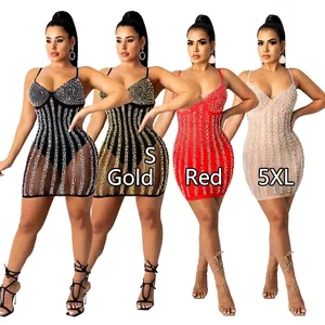 Women Sexy Rhinestone Artificial Pearl Mini Dress Mesh Spaghetti Strap V-Neck Bodycon Short Party Dress Red Gold Black Beige