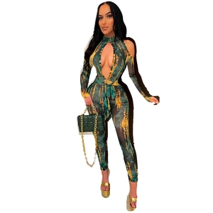 Sexy mesh long sleeve bodycon jumpsuit with green tie-dye print and cutout details