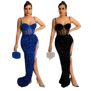 Detail of sequin evening dress with sheer mesh boning and high side slit design