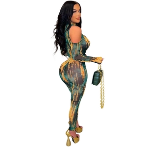 Sexy cold shoulder mesh jumpsuit with green and orange print for party wear