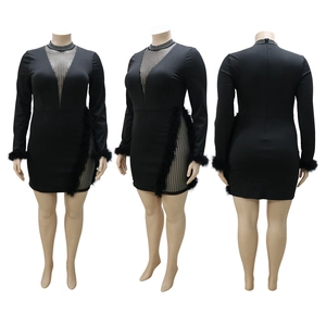 Detailed views of black bodycon dress with V-neck mesh, rhinestones, and feather trim accents