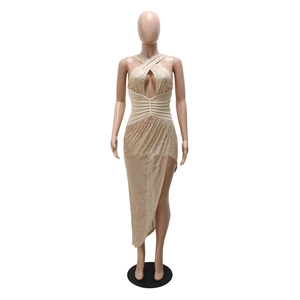 Detail showing cross neck cutout and gathered waist on champagne gold sequin party dress