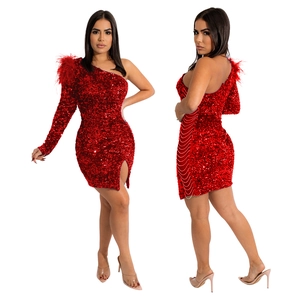 One shoulder red sequin party dress featuring feather trim and side chain detail