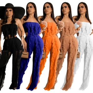 Damen Mode Rüschen Schlauchoberteil Und Netz Weites Bein Hose Einfarbig Lässig Urlaub Sommer Strandkleidung Elegant Outfit