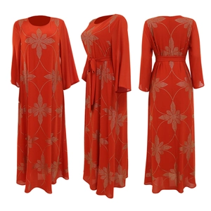 Three-view display of orange-red long sleeve maxi dress with gold stud floral patterns