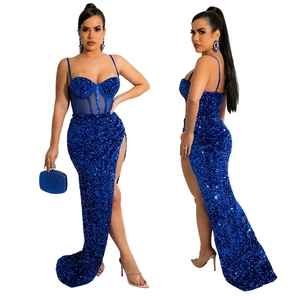 Detailed view of navy blue sequin evening dress with corset top and high thigh slit