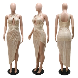 Detailed views of champagne sequin party dress with crossover neck and cutout design