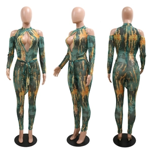Sexy long sleeve tie-dye bodysuit with cut-out neckline and cold-shoulder design