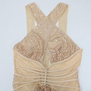 Detail of champagne gold sequin dress showing cross halter neck and sheer mesh panels