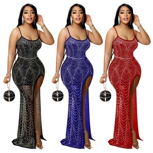 Women Sexy Rhinestone Maxi Dress Slim Fit Spaghetti Strap High Slit Mesh Evening Party Nightclub Club Dress