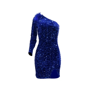 Detailed view of royal blue sequins and plush feather trim on a one-shoulder party dress