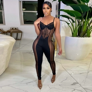 Body noir sexy avec dentelle et rayures en maille transparente pour femme tendance