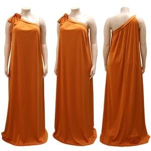Three-way view of a ginger orange one-shoulder maxi dress with a decorative shoulder bow