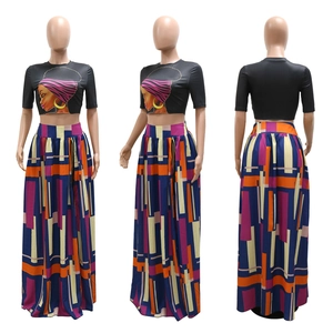 Three-view display of women's crop top and colorful geometric maxi skirt set
