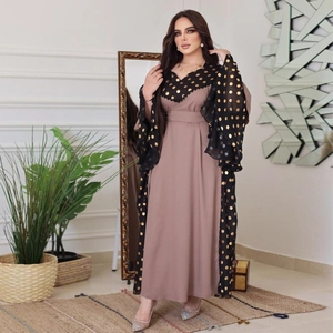 Women Muslim Abaya Dress Polka Dot Patchwork Bell Sleeve Maxi Dress With Belt Elegant Pink Black Robe Party Hijab Dress