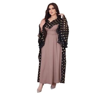 Morandi brown Abaya dress with black polka dot flared sleeves and matching waist belt