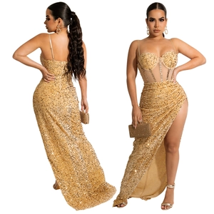 Detail of gold sequin evening dress featuring corset bodice and high side slit