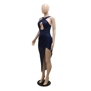 Detail of cross halter neckline with cutout and shimmering sequins on navy party dress