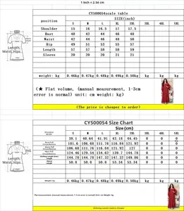 Tableau des tailles détaillé pour robe caftan ample avec strass et mesures en cm et pouces