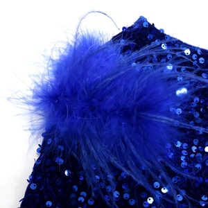 Detail of dark blue velvet dress featuring shimmering sequins and luxury feather trim