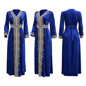 Blue velvet Moroccan kaftan dress with gold embroidery details, front and back views