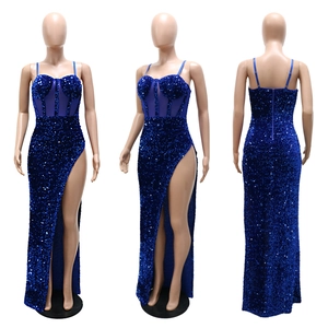 Detailed views of royal blue sequined evening gown with corset bodice and high slit