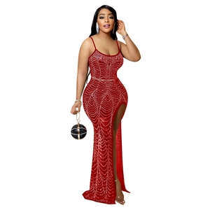 Sexy red bodycon party dress with sparkling white rhinestones and side leg slit