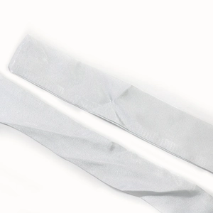 Detail of elegant white satin ribbon showing smooth glossy texture and neat stitching