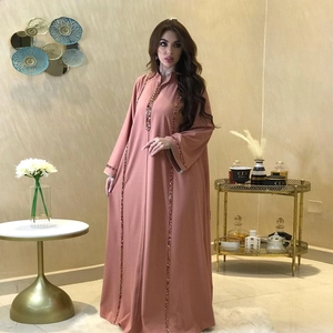 Robe Musulmane Jalabiya Abaya pour Femmes en Polyester avec Garniture en Strass Kaftan Maxi à Manches Longues pour Fête