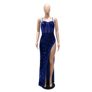 Detailed front view of royal blue sequin evening gown with high slit and corset top