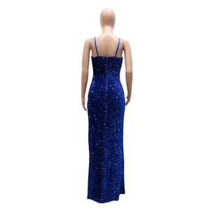 Detail of blue sequin maxi dress featuring a high-quality hidden zipper on the back
