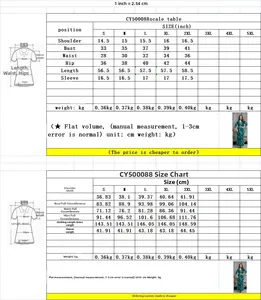 Size chart for CY500088 floral fishtail dress including bust and waist in cm and inches