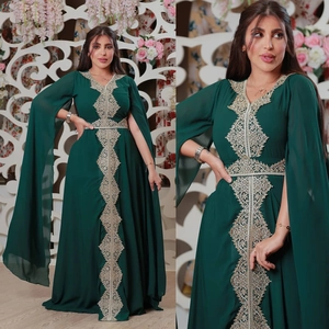 Elegant emerald green pearl chiffon evening gown with golden embroidery and cape sleeves
