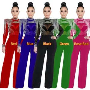 Combinaison Femme Sexy Maille Transparente Patchwork Strass Manches Longues Gland Épaulettes Taille Haute Jambe Large Fête