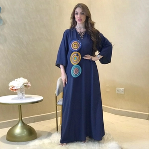 Navy blue sequin embroidery V-neck tunic dress with elegant long flared sleeves
