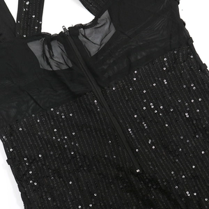 Detailed back view of the black sequined dress featuring a high-quality mesh and zipper closure