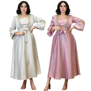 Women Elegant Satin Abaya Kaftan Maxi Dress With Gold Embroidery Lantern Sleeve Muslim Formal Party Belted Long Gown