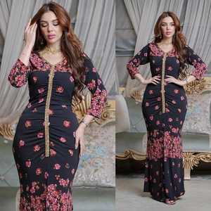 Elegant V-neck long sleeve floral kaftan dress with gold trim and fishtail hem