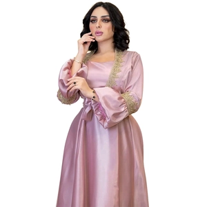 Elegant mauve satin lantern sleeve maxi dress with golden lace embroidery details