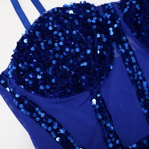 Detail of royal blue corset top featuring shimmering sequins and sheer mesh fabric