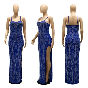 Three-view detail of royal blue bodycon dress with rhinestone patterns and side slit