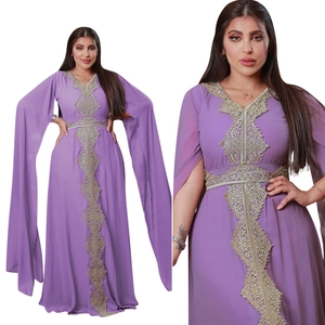 Lilac chiffon evening dress with gold lace embroidery and long split flowy sleeves