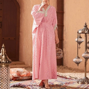 Abito Maxi Kaftan da Donna Rosa Pois a Foglia d'Oro Scollo a V Ricamo Manica a Pipistrello Elegante Etnico Festa