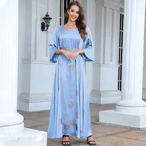 Elegant light blue satin robe dress with leaf pattern rhinestones and flared sleeves