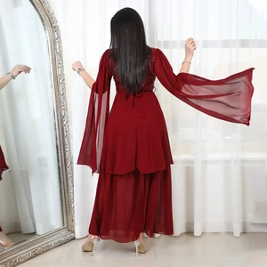 Elegant wine red sequin evening dress with slit cape sleeves and matching waist belt