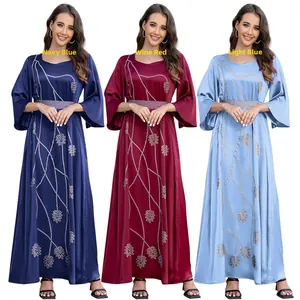 Abaya gowns in navy, wine red and light blue featuring leaf pattern and waist belts